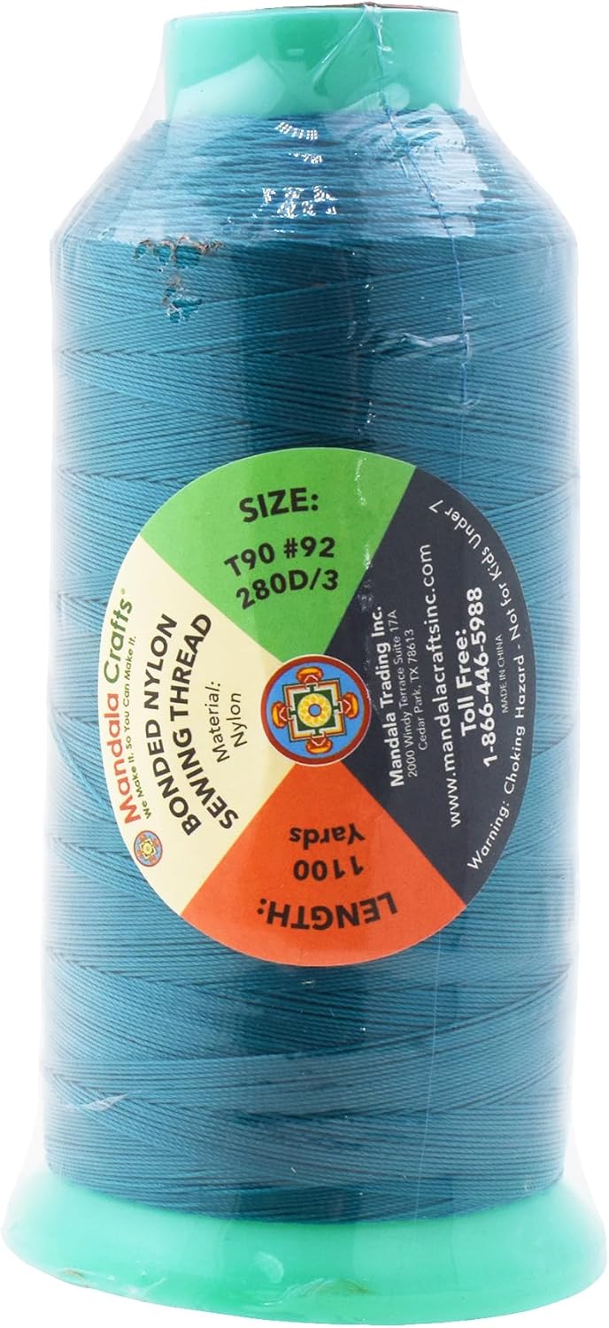 Mandala Crafts Bonded Nylon Thread Teal Heavy Duty Sewing Threads - 1100 YDs Size 92 280D T90 Tex 90 Thread for Leather, Jeans, Weaving, Outdoor, Marine, Upholstery