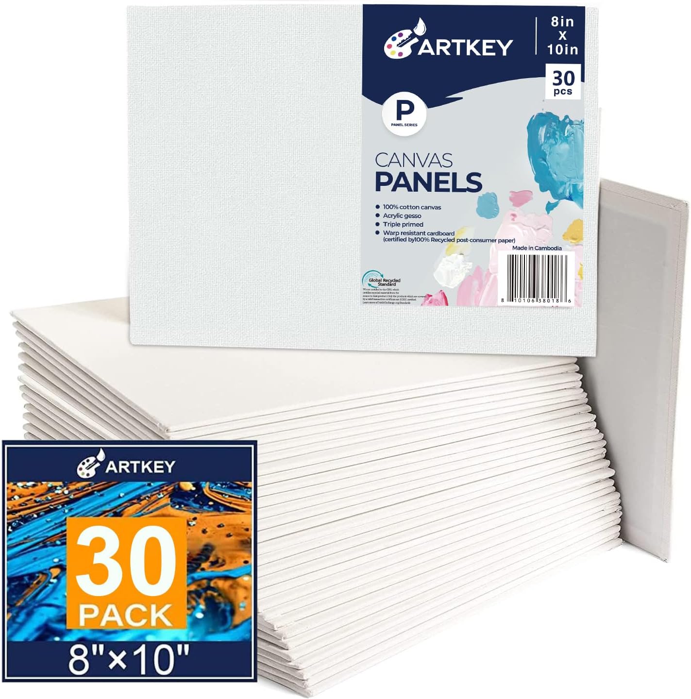 Artkey Canvases for Painting 8x10 Inch 30-Pack, 10 oz Primed 100% Cotton White Blank Flat Canvas Boards, Art Paint Canvas Panels for Acrylic Oil Watercolor Tempera Paints