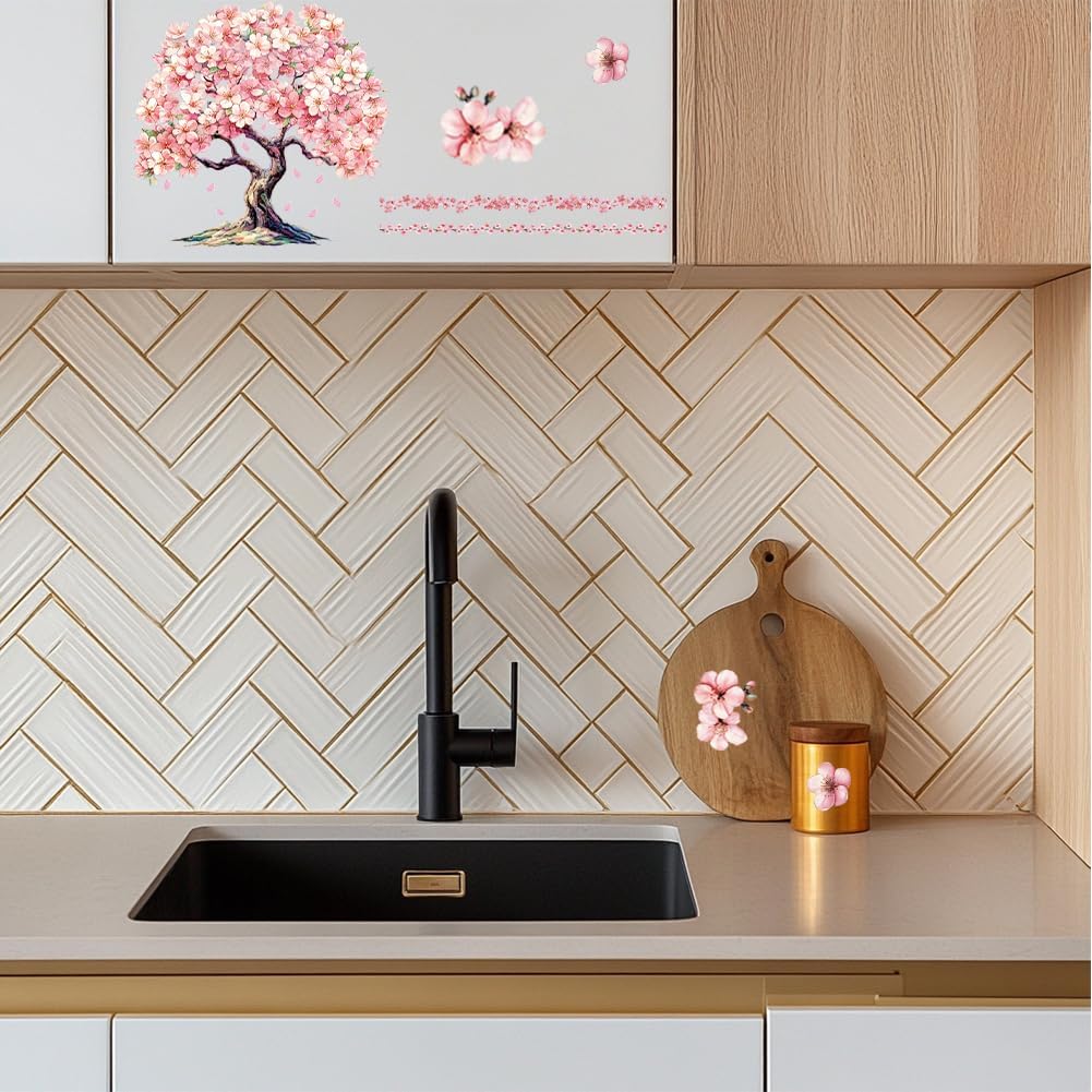 GLOBLELAND 4 Sheets Cherry Blossoms Tree Rub on Transfers 12x6inch Pink Flowers Furniture Transfers Sticker Birds UV Transfers Decal Craft for Bedroom Living Room Desk Table Decoration