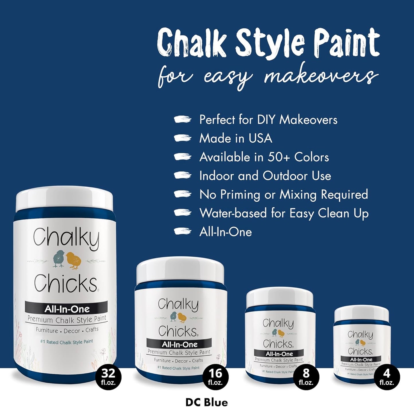 Chalky Chicks All-in-One Chalk Paint for Furniture or Cabinet - 4 Fl Oz - Matte Finish DC Blue Navy Blue for Metal, Wood Furniture Paint - No Sanding All-in-One for Home Decor & Crafts, USA Made