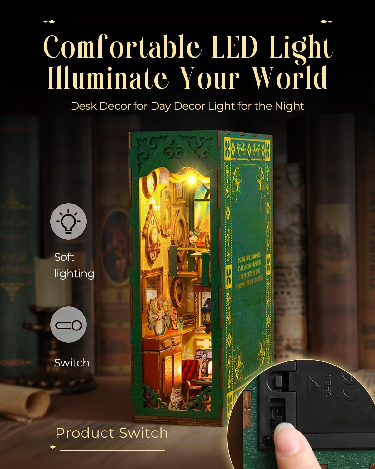 Book Nook Kit,Vintage Library Miniature House Kit for Teens and Adults with LED Lights,3D Wooden Puzzle Tiny House Booknook Bookend Bookshelf Decor Model Build.(Vintage Bookstore