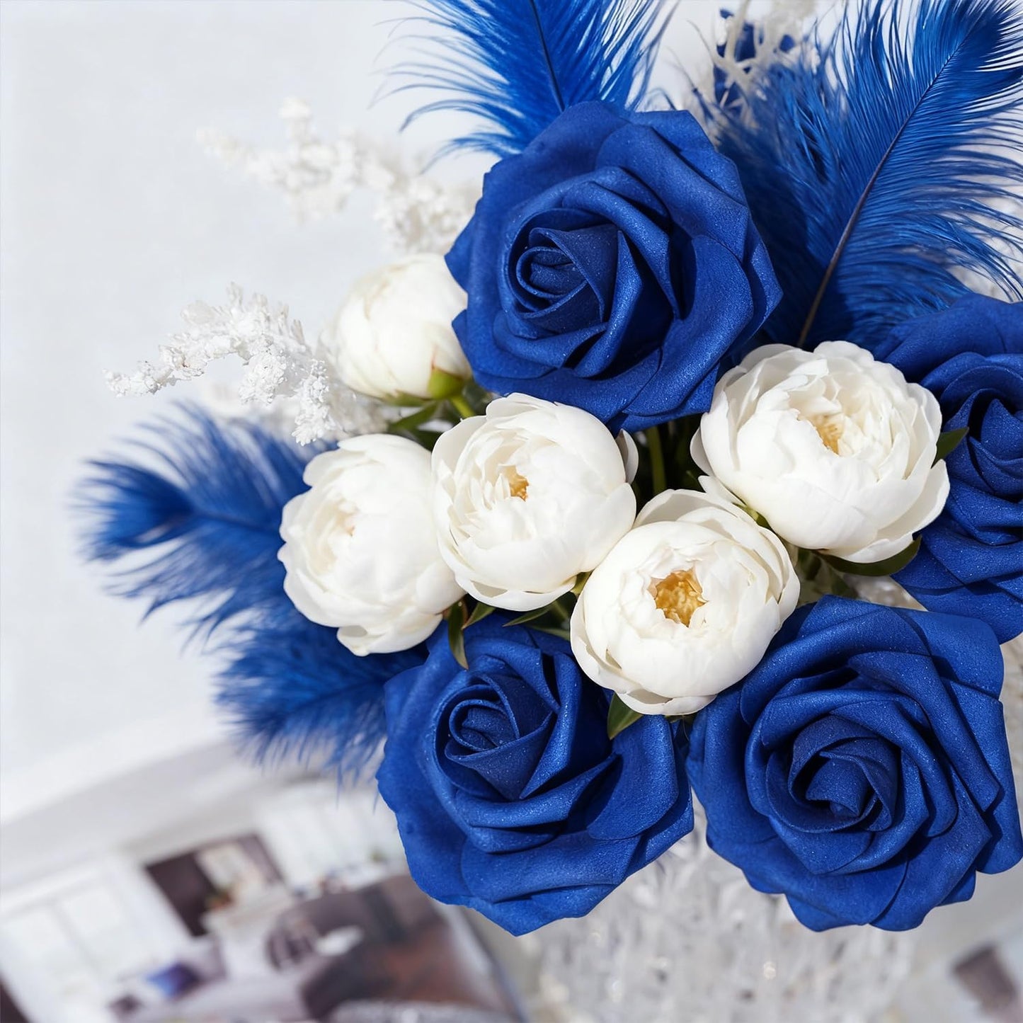 Artificial Flowers Foam Fake Roses 25pcs Royal Blue Roses with Stems for Home Decor DIY Wedding Bouquets Party Bridal Shower Centerpieces Faux Flower Arrangements Tables
