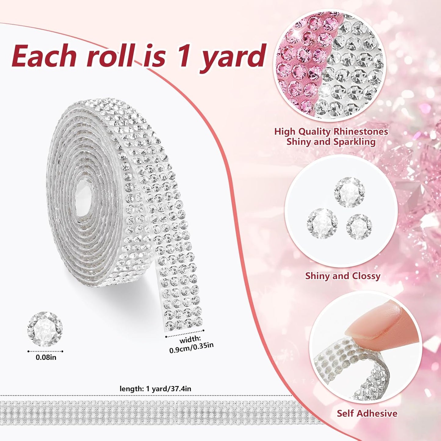 Rhinestone Ribbon Self Adhesive Crystal Rhinestone, 6-Yard Bedazzling Strips, 6-Rolls Rhinestones Strips for DIY Craft, Rhinestones Tape Self Adhesive, Transparent Crystal Color