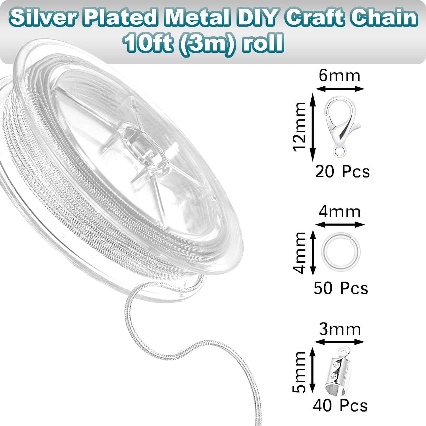 Jishi 33ft Silver Snake Chain 1.2mm Jewelry Making Chains for Necklace Bracelet DIY Jewelry Supplies Findings - Silver Plated Round Snake Cable Chain Link Roll w/Lobster Clasps, Cord Ends & Jump Rings