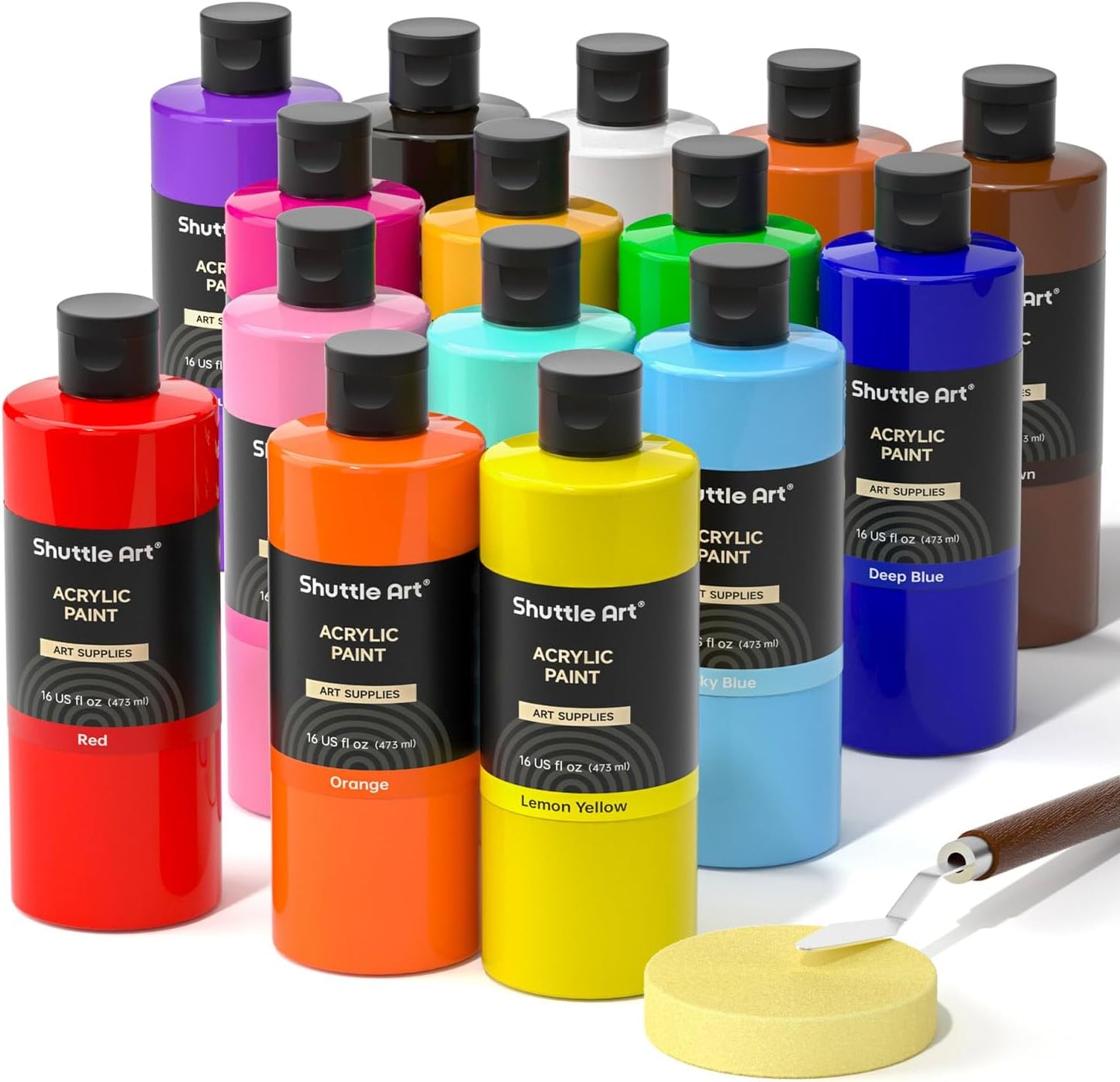 Shuttle Art Acrylic Paint, 15 Colors Acrylic Paint Large Bottle Set, 473ml/16oz Each, Rich Pigments, High Viscosity, Bulk for Artists, Beginners and Kids on Rocks Crafts Canvas Wood