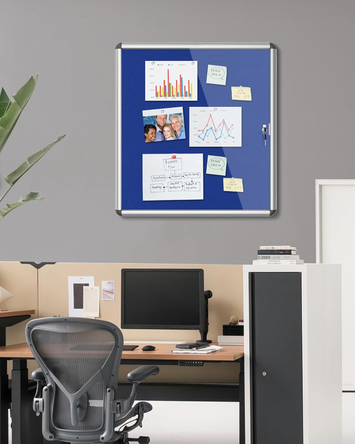 28"x26" Enclosed Bulletin Board, Lockable Weather-Resistant Aluminum Cork Noticeboard for School & Office, Silver Frame w/Blue Flet