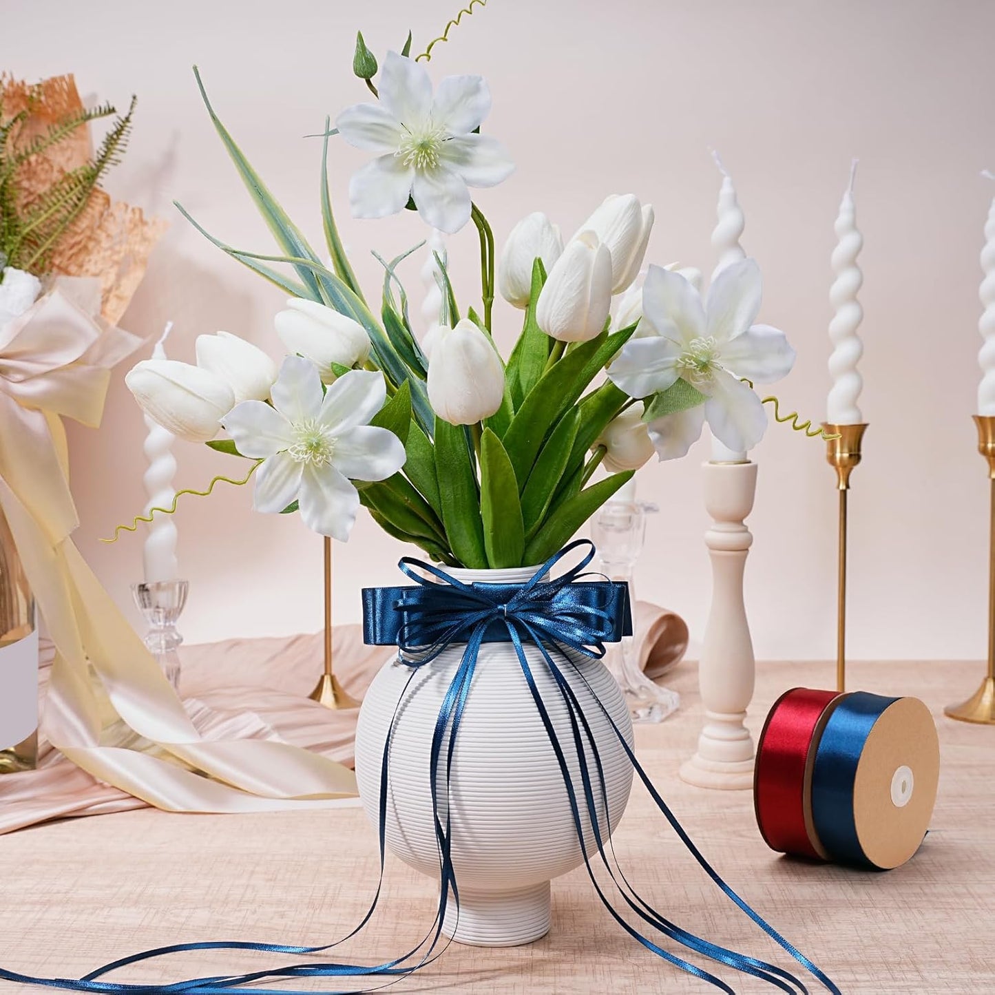 LaRibbons Navy Satin Ribbon 1 Inch 50 Yards Luxury Double Faced Blue Silk Ribbon for Flower Bouquet Crafts Gift Wrapping Wedding Bow Decoration