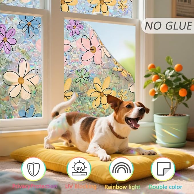 Daisy Flower Stained Glass Window Film Static Cling with Tools - 17.5 x 78.7 Inch Non-Adhesive Privacy Decorative Cute Rainbow Film for Windows, Doors, Sidelights - Easy Install & Remove