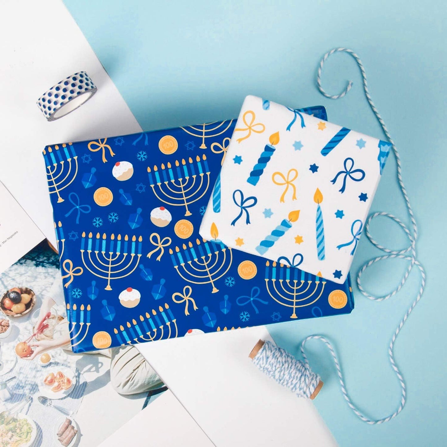 WRAPAHOLIC 30 Inch Hanukkah Wrapping Paper Roll - Jumbo Roll Menorahs, the Star of David, Candles Design for Chanukah Celebration - 4 Rolls - 30 Inch x 120 Inch Per Roll