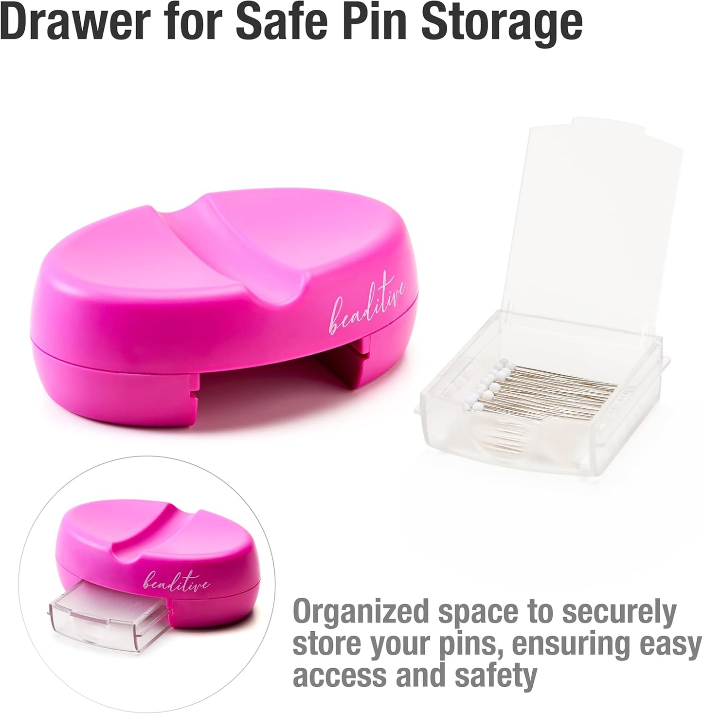 Beaditive Magnetic Pin Cushion with Drawer - Strong Magnet Pin Holder Cushions for Sewing - 50 Glass Head Quilting Pins Included - Chic Pincushion Caddy for Sewing Pins, Paper Clips, Screws – Fuchsia