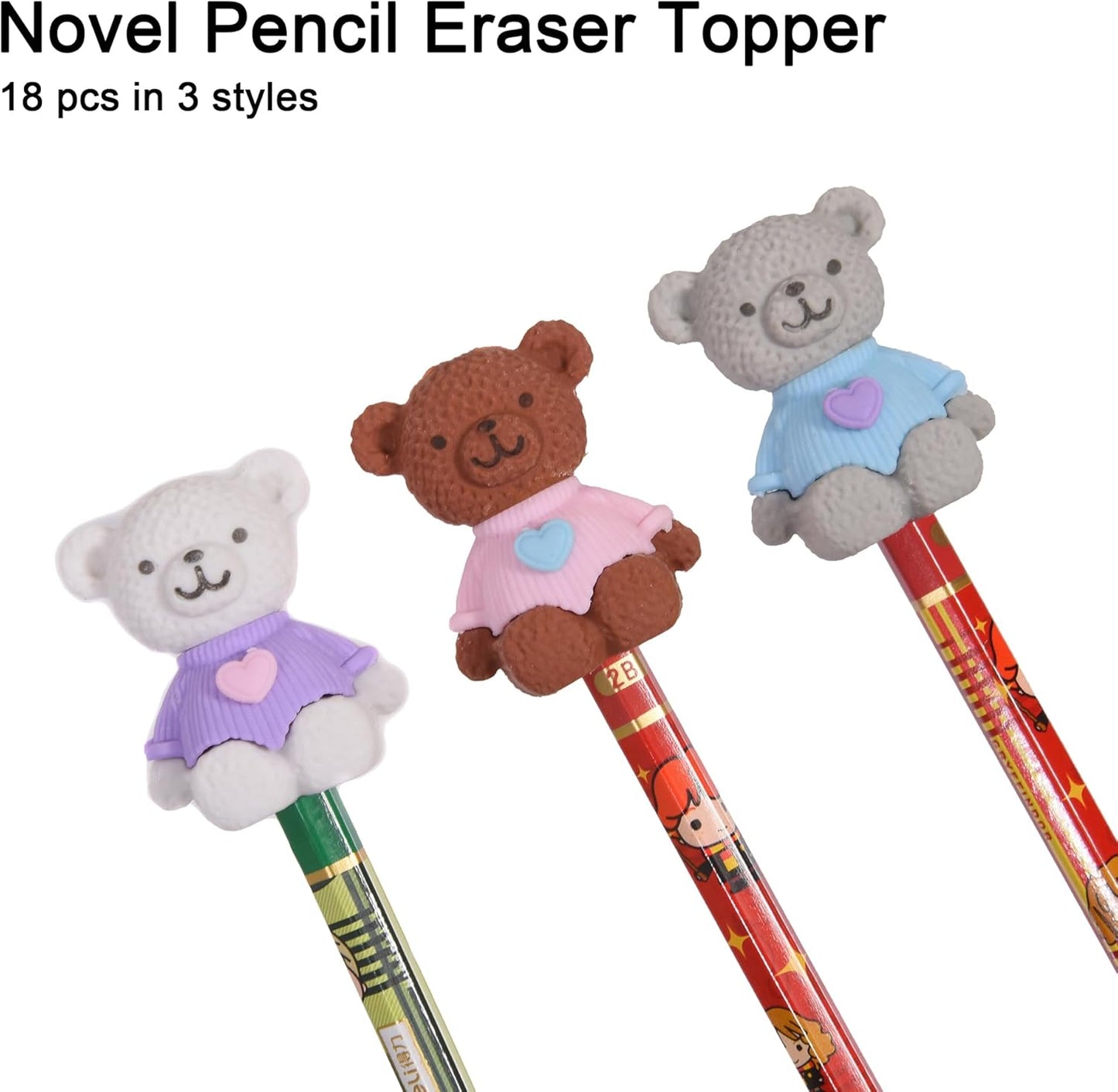 HILAZA 18Pcs Pencil Top Erasers for Kids, 3D Cute Bear Pencil Toppers, Bulk Fun Pencil Cap Easters for School Classroom Supplies Prize Gifts Party Favors