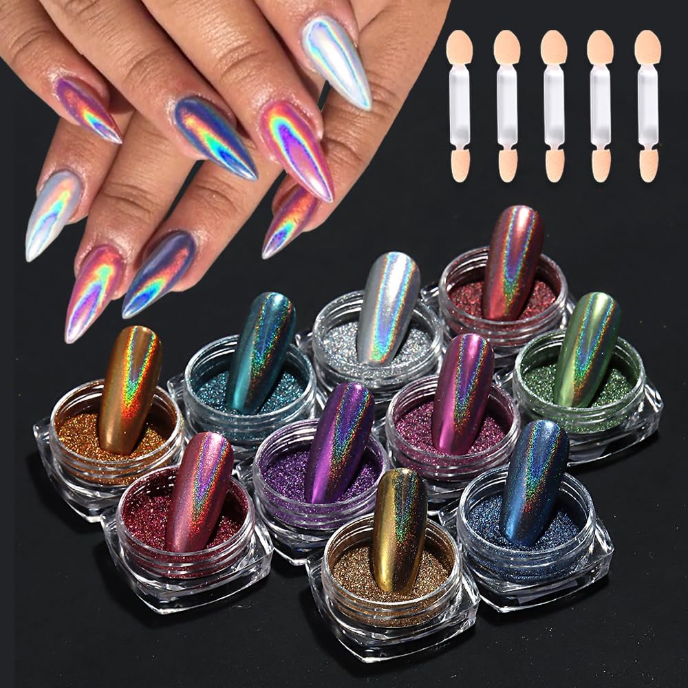 10 Colors Holographic Nail Powder, Holo Aurora Iridescent Metallic Mirror Laser Effect Chrome Pigment Glitter Dust for Salon Home Nail Art DIY Decorations