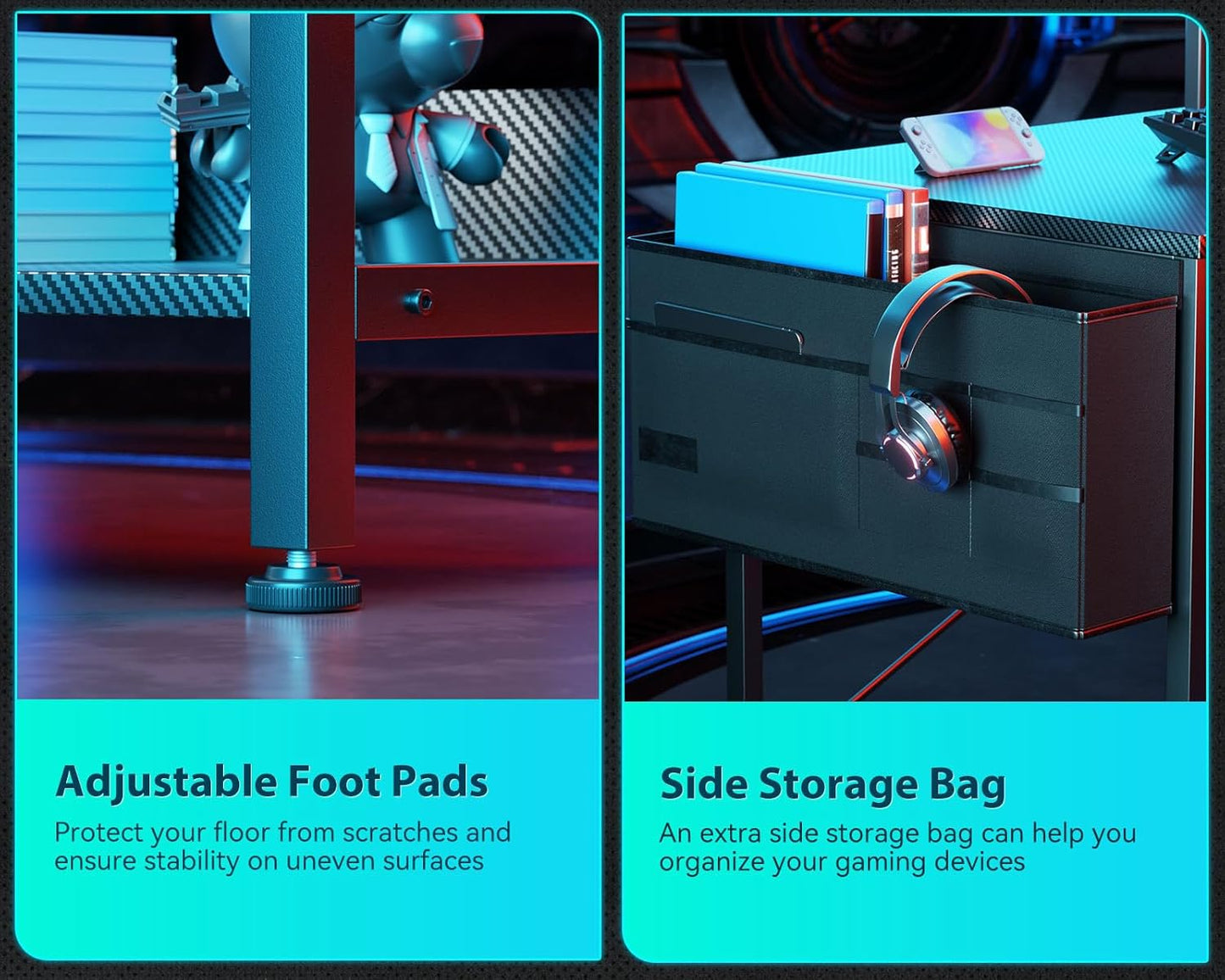 ODK 55 Inch L Shaped Gaming Computer Desk with Power Outlets, Corner Desk with Reversible Storage Shelves & PC Stand for Small Space, Modern Simple Home Office Table, Carbon Fiber Surface, Black