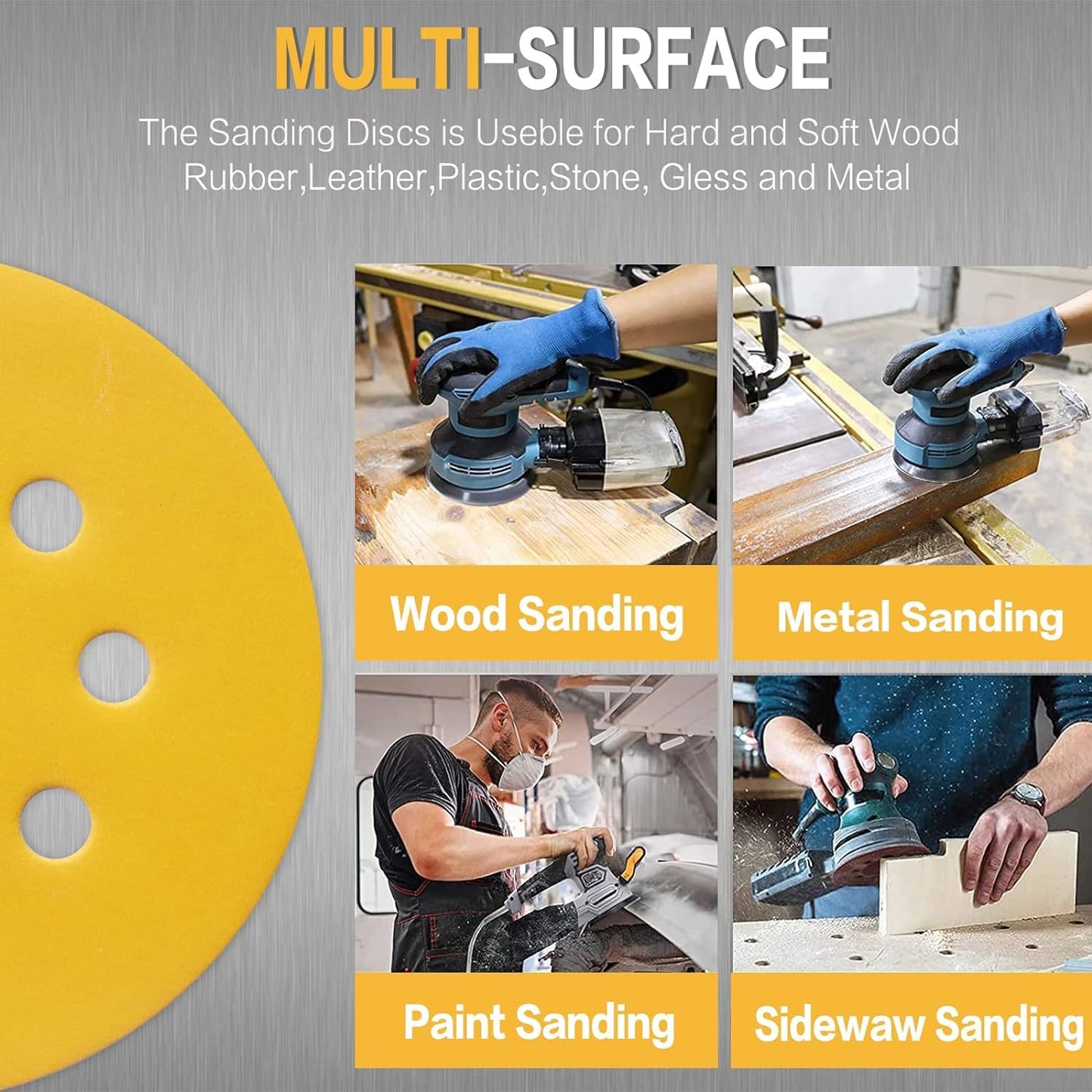 100PCS 5 Inch 8 Hole Sanding Discs 60 Grit,Gold Round Hook and Loop Sandpaper for Random Orbital Sander