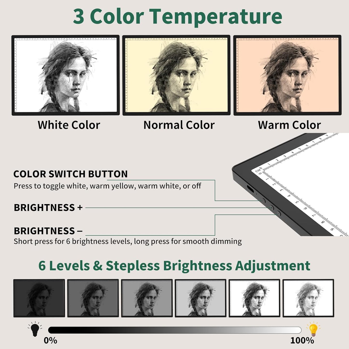 HIUKCOLED A3 Built-in Tilt Stand Light Tracing Box, 6-level＆Stepless Dimmable Adjustable Brightness Light Pad with 3 Colors,Battery Powered LED Light Board for Drawing,Diamond Painting,Sketching,X-Ray