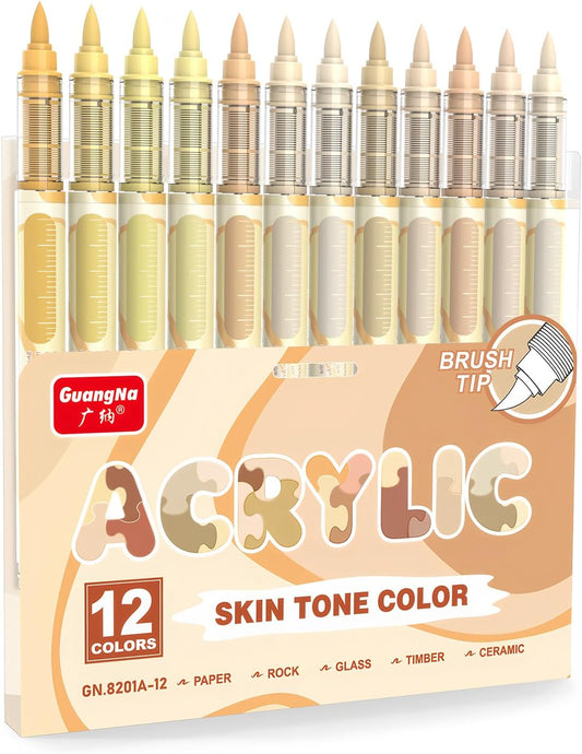 Guangna 12 Skin Tone Acrylic Paint Markers Set, Brush Tip Acrylic Paint Pens for Rock Painting, Wood, Glass, Paper, Coloring Book, Ceramic, Canvas, DIY Crafts, Water-Based Ink