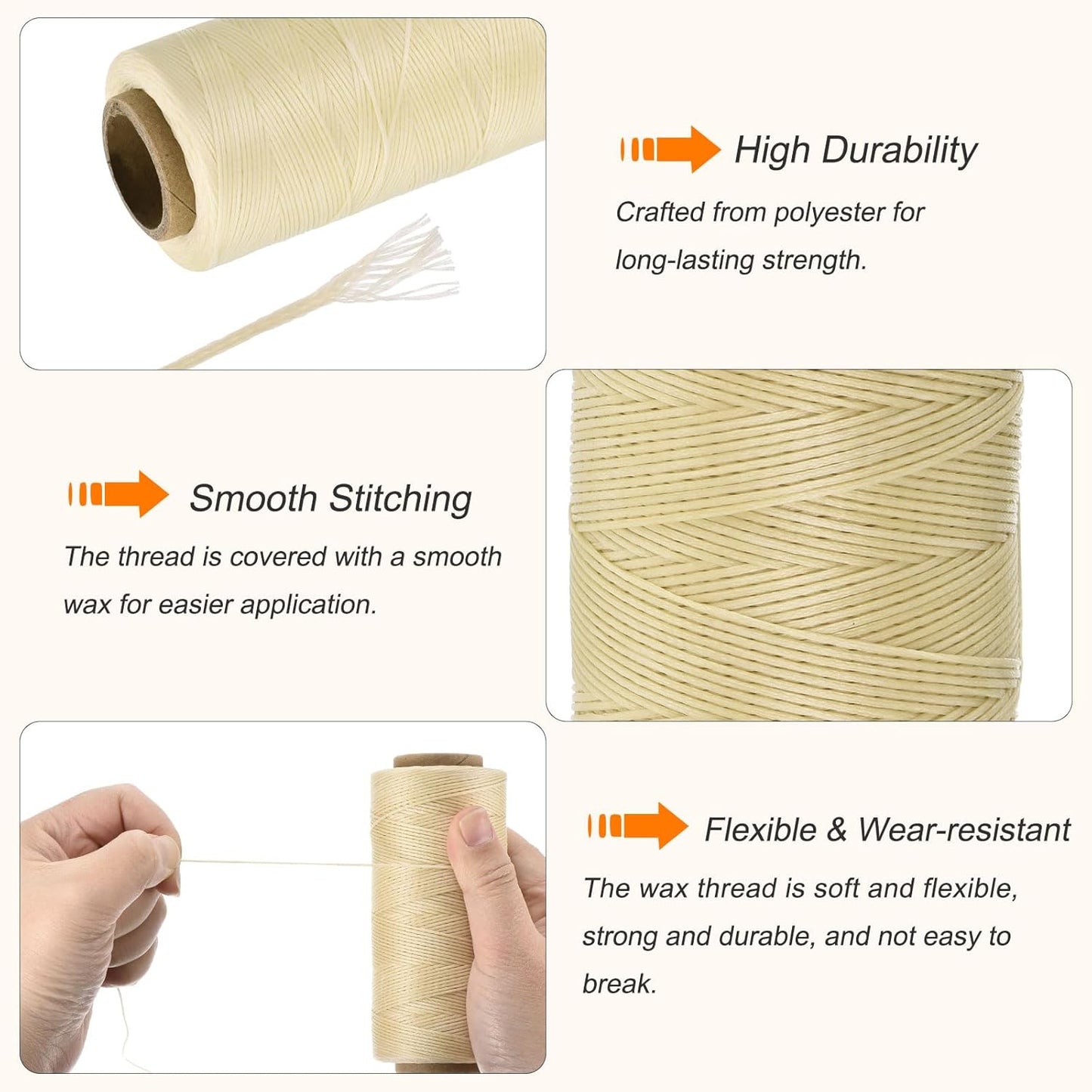 MECCANIXITY Waxed Thread,284 Yard 0.8mm 150D Flat Wax Thread Polyester Waxed String for Leather Sewing Hand Weaving Book Binding Home Decoration,Beige