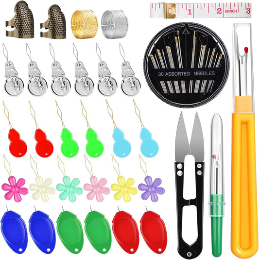 KAQRHFT 24 PCS Needle Threaders Kit, 4 Types Needle Threader with Embroidery Needles, Seam Ripper, Thread Snips, Thimble and Measuring Tape, Sewing Tool Kit for Hand Sewing