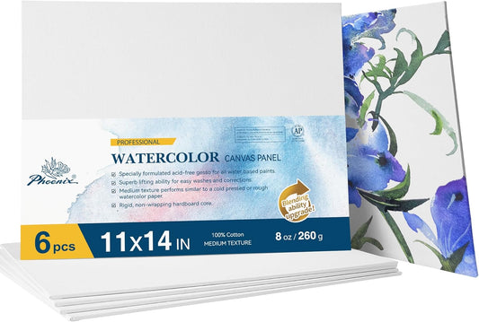 PHOENIX Watercolor Canvas Boards for Painting - 11x14 Inch/6 Pack, 100% Cotton Water Color Canvas Panels, 8 Oz. / 260g White Blank Medium Texture Flat Canvases for Water Based Paints