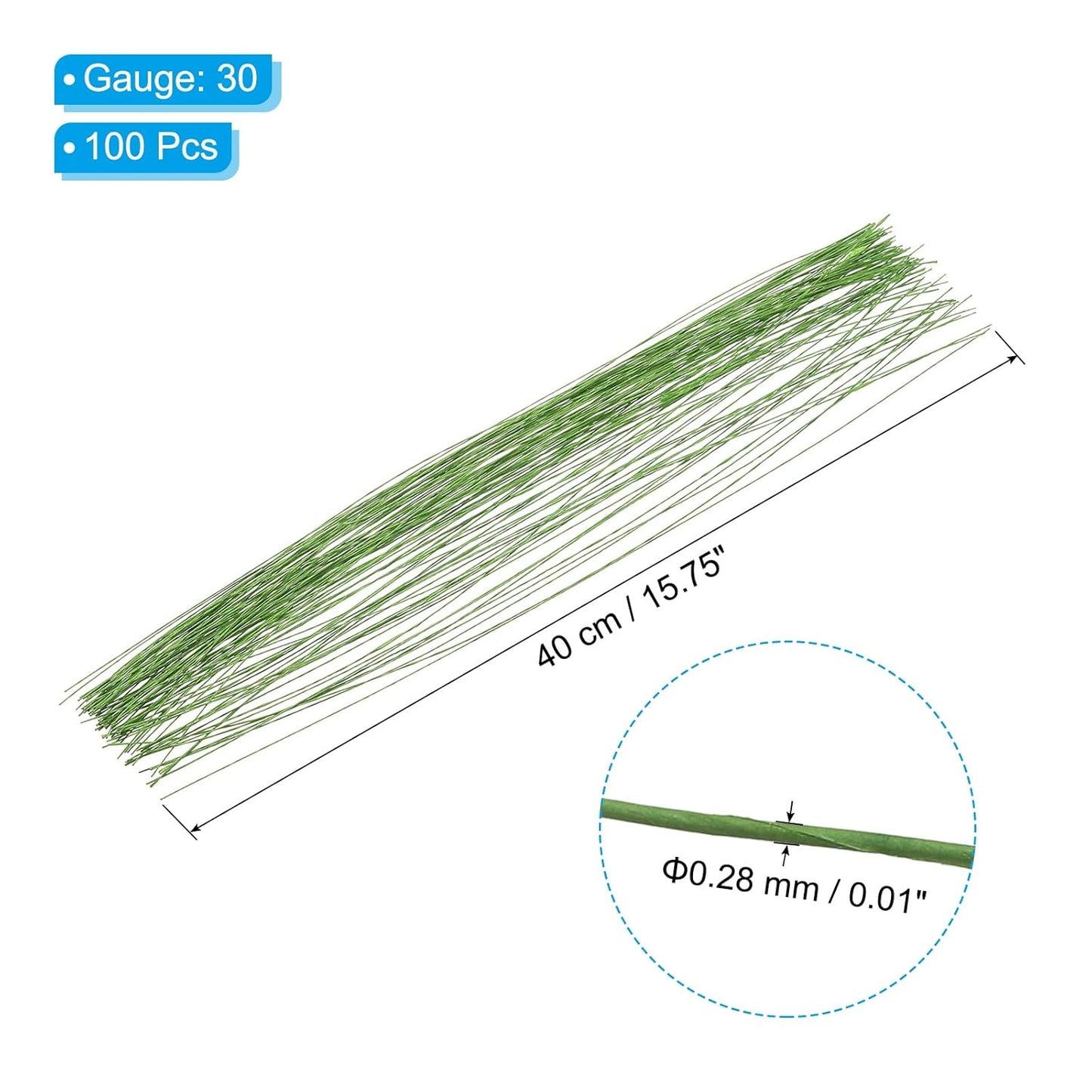 PATIKIL 30 Gauge 16" Floral Stem Wire, 100 Pcs Paper Wrapped Iron Artificial Flower Stem Accessories for DIY Bouquet Stem and Craft Decoration, Light Green