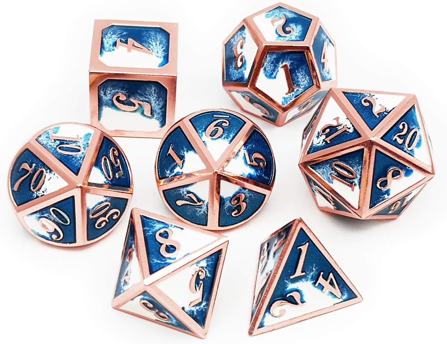 Haxtec Metal DND Dice Set Copper Blue White D&D Dice with Leather Dice Bag Compatible with Dungeons and Dragons RPG-Ice Dragon Bait