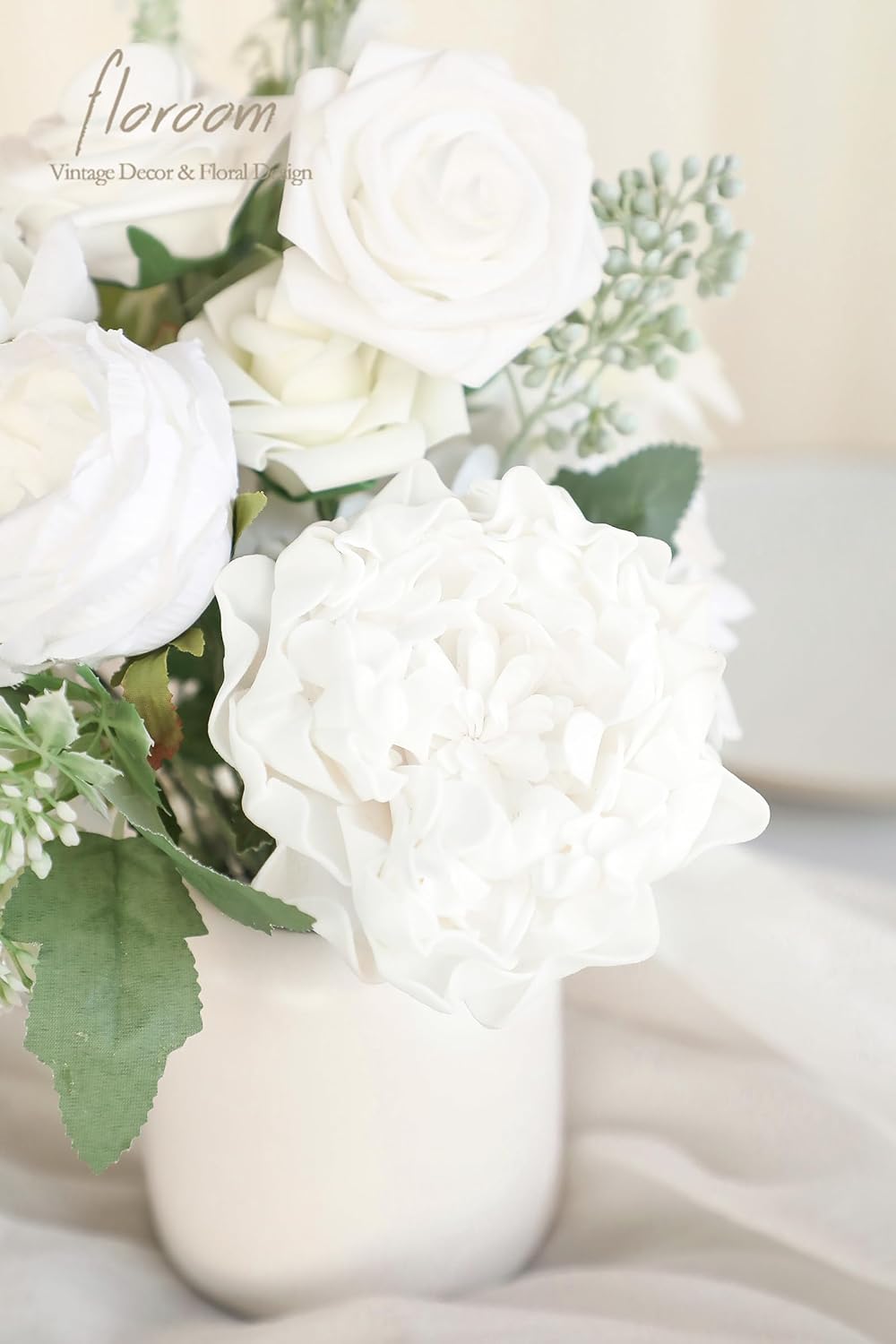 Floroom Artificial Flowers 16pcs 4" White Blooming Peonies Real Looking Foam Fake Peony with Stems for DIY Wedding Bouquets Bridal Shower Centerpieces Floral Arrangements Party Tables Home Decorations