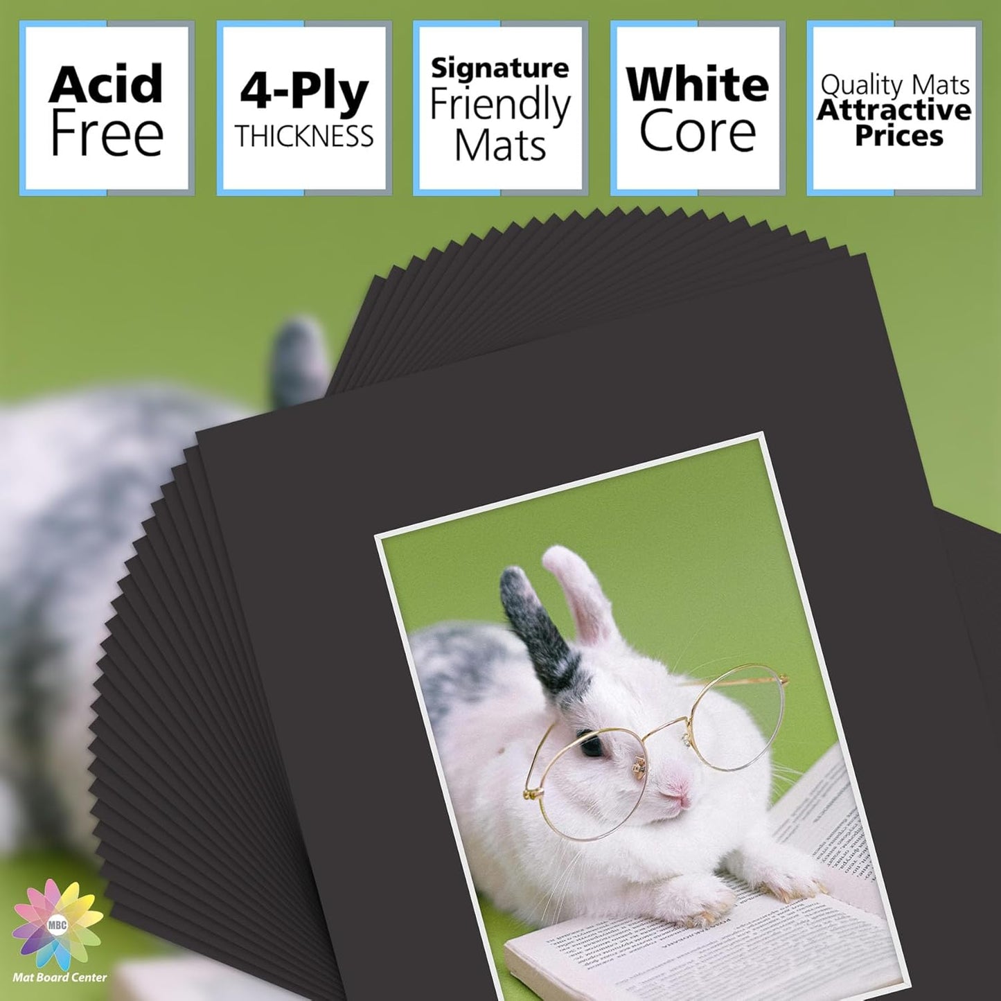 Mat Board Center, Pack of 50, 8x10 for 5x7 Black Mats - Acid Free, 4-ply Thickness, White Core - for Pictures, Photos, Framing