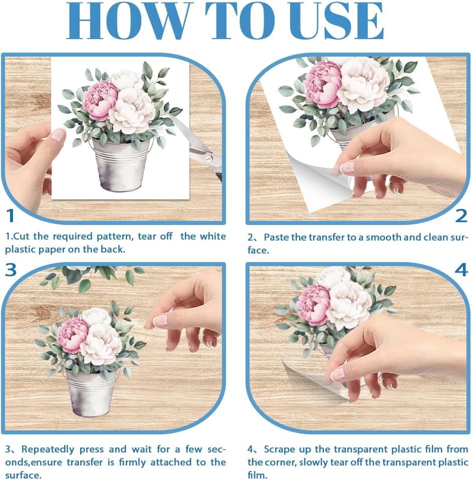 GLOBLELAND 4 Sheets Pink and White Flowers Transfer 11.8x5.9inch Peony Wreath Rub on Transfer Self-Adhesive Wall Art Decals for Farm Bedroom Living Room Desk Table Decoration