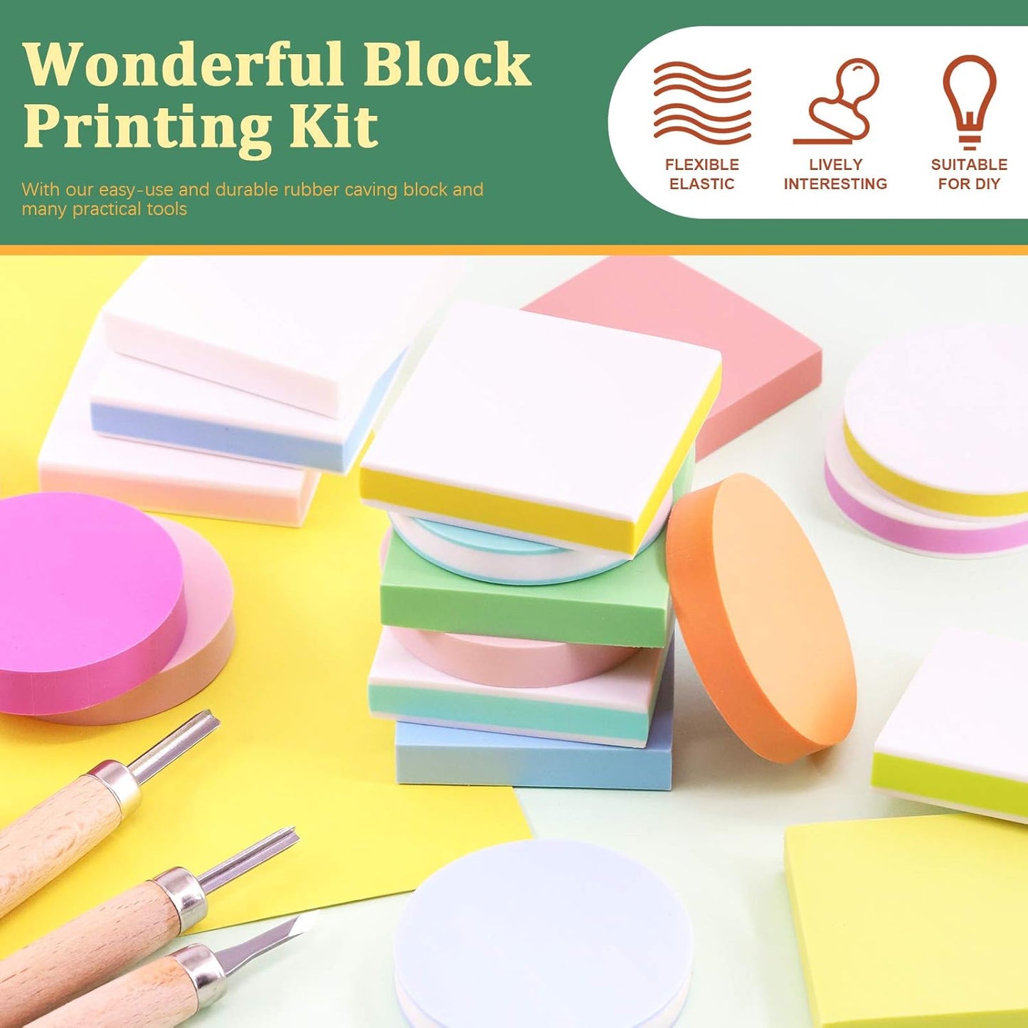 Keadic 24 Pieces Block Printing Starter Tool Kit, Rubber Stamps Making Set with Round & Square Rubber Carving Blocks, Linoleum Cutter Tools & Grindstone for Stamp Carving and Printmaking