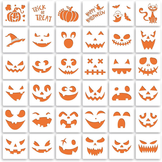 36 Pieces Halloween Drawing Stencils, 6 Inch Plastic Reusable Pumpkin Faces Painting Stencil for DIY Pumpkin Carving, Wood, Walls Art and Halloween Decoration