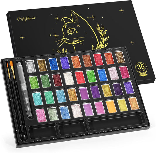Mini Glitter Watercolor Paint Set with Paper, 36 Colors Shimmer Metallic Watercolour Painting Sets, Solid Pearl Water Color Paints for Adult, Kids, 1ml Trial Package(3ml 36 Colors)