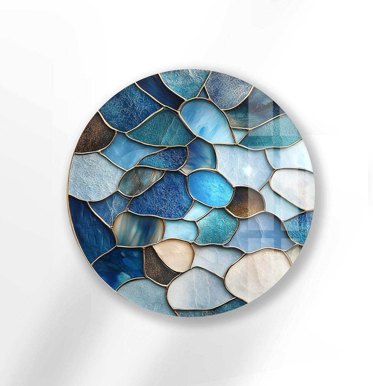 My Photostation.com 39,4''(100cm) Diameter Coastal Blue Stone Mosaic Round Glass Wall Art Tempered Glass Printing Wall Decor Large Wall Art Wall Hangings