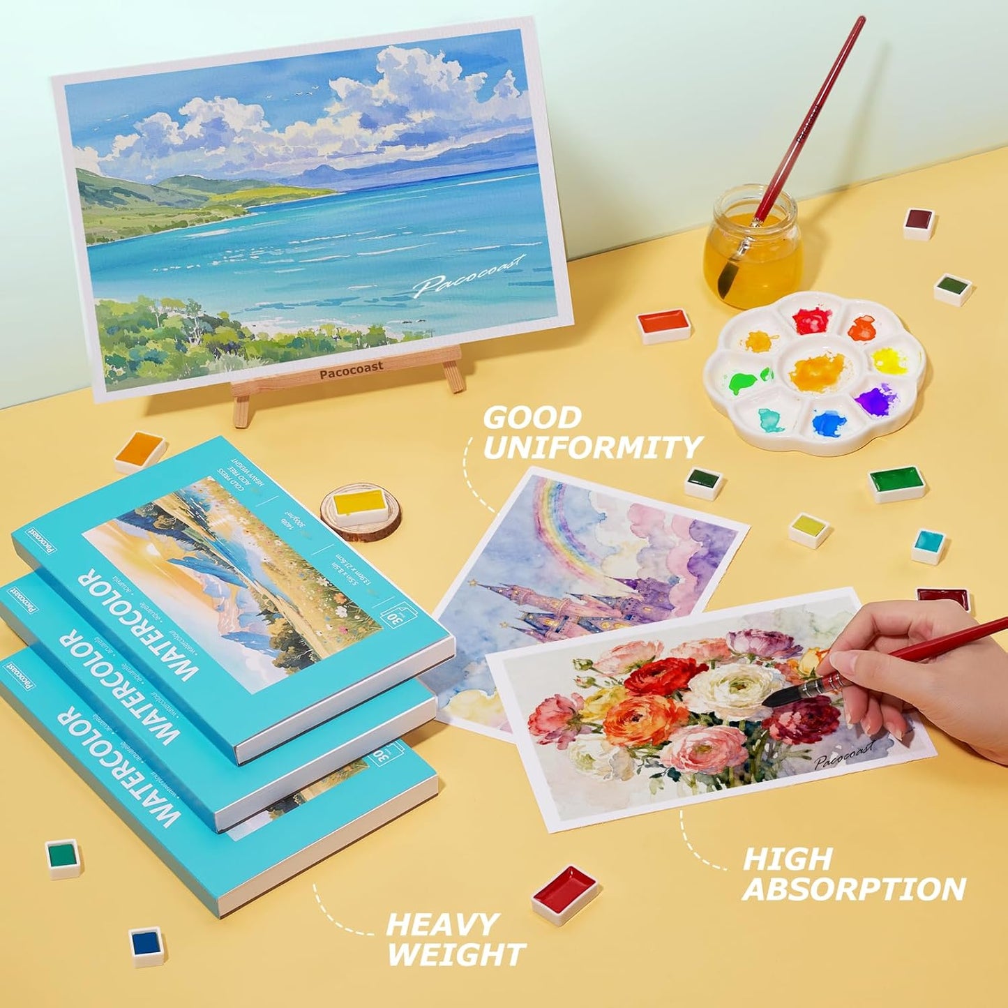 Pacocoast Water Color Paper Bulk, 5.5"x8.5" Art Sketch Book, Pack of 3 (90 Sheets), (140lb/300g) Artist Watercolor Drawing Paper for Kids Adults, Watercolor Pad for Paint, Pencil, Pastel, Crayon