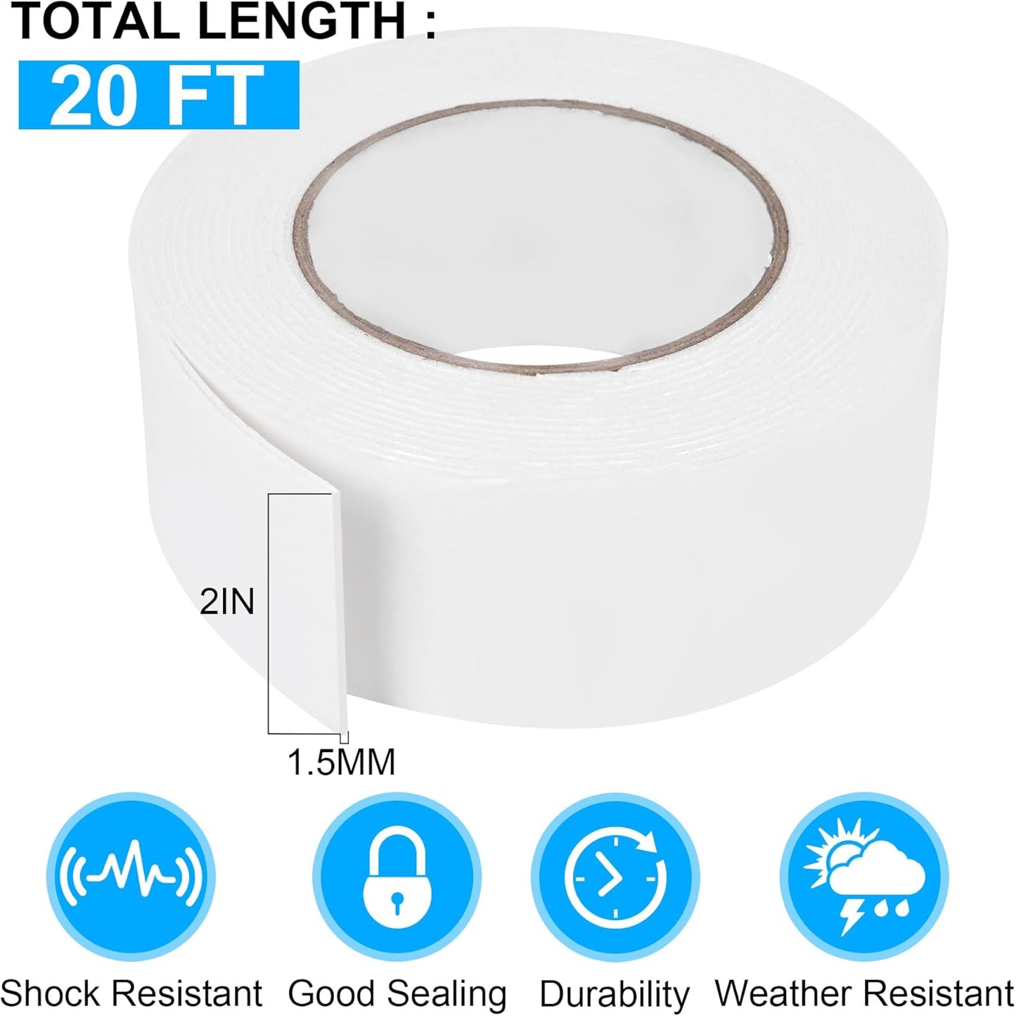 ToLanbbt Double Sided Foam Tape 2In x 20FT, Mounting Tape Heavy Duty, Strong Adhesive Weatherproof Seal Strips for DIY Craft Picture Poster, Car & Gap Filling Mountings, Home Office Decor (White)