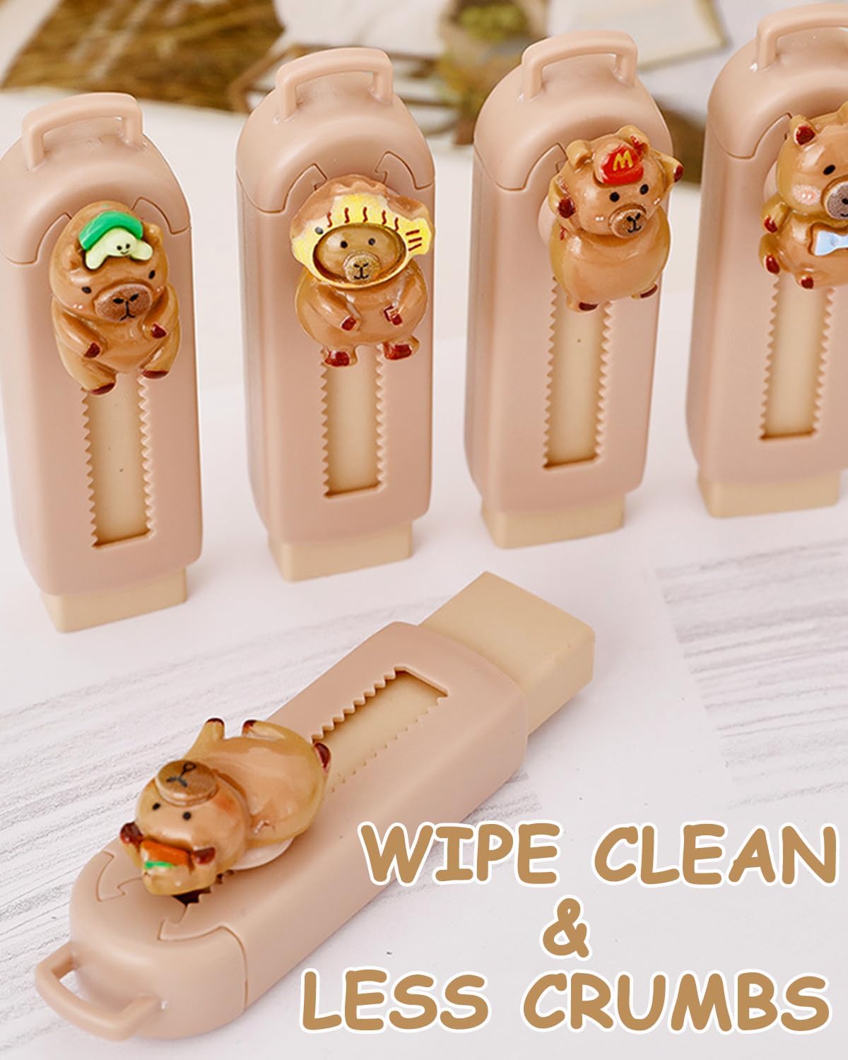 5 Pack Capybara Retractable Erasers, Cute Pencil Erasers for Kids, Students, Capybara Lovers, Large Push-Pull Rubber Eraser Set, School Office Home Stationery Supplies, Brown Colors
