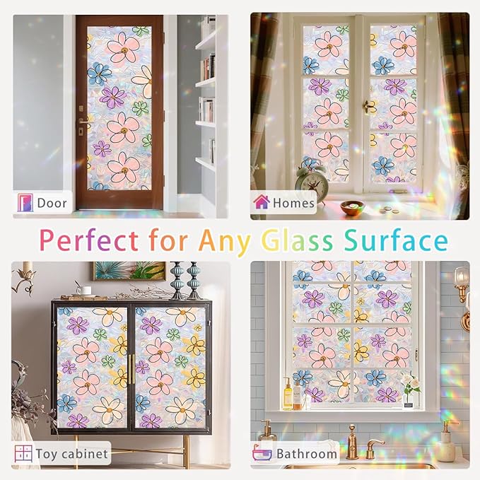 Daisy Flower Stained Glass Window Film Static Cling with Tools - 35.4 x 157.4 Inch Non-Adhesive Privacy Decorative Cute Rainbow Film for Windows, Doors, Sidelights - Easy Install & Remove