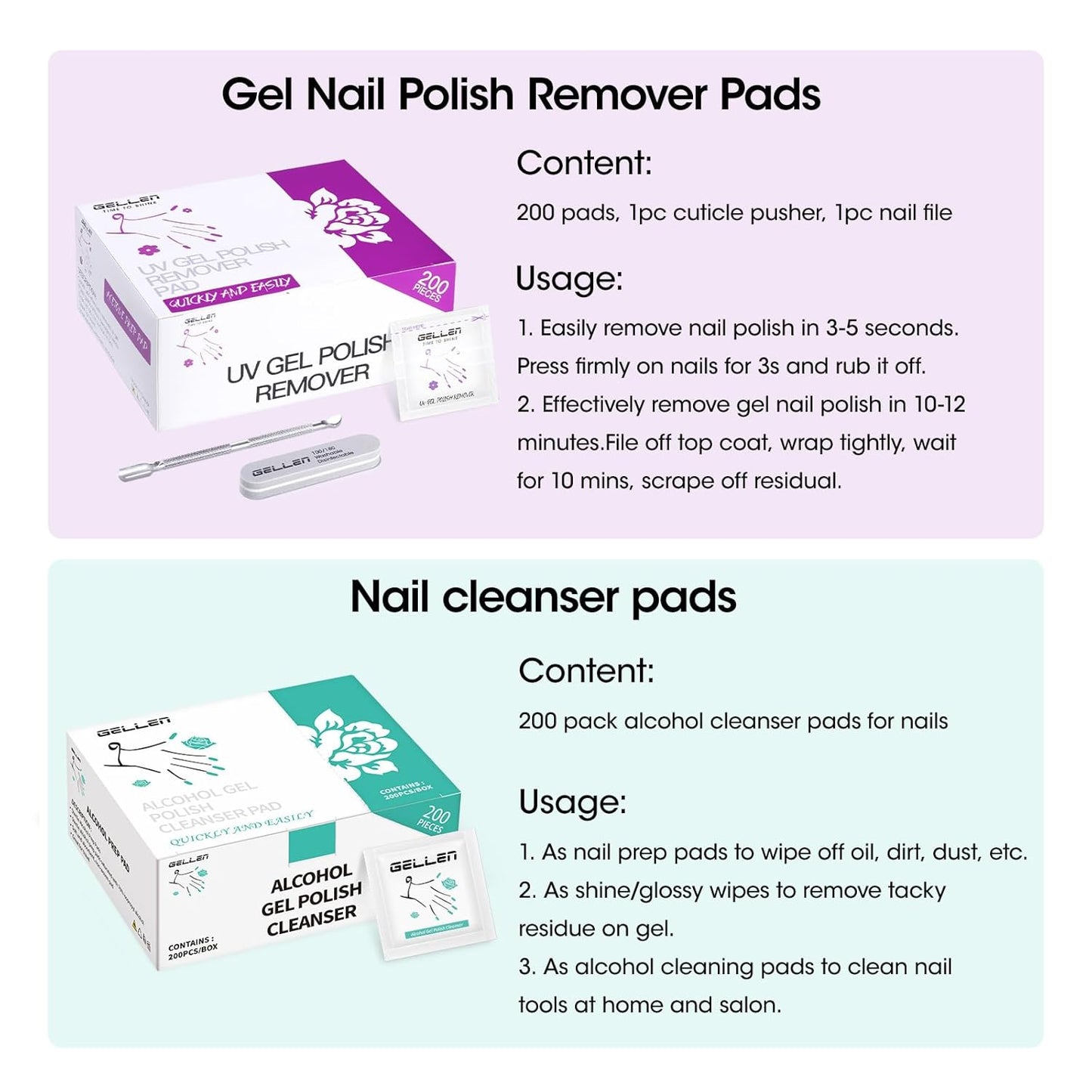 Gellen Gel Polish Remover Pad Kit, Acetone Polish Remover Pads & Alcohol Pads Cleanser Wipes, 400 Pack Travel Kit Professional Individually Wrapped Quick Easy with Glycerin Moisturizing