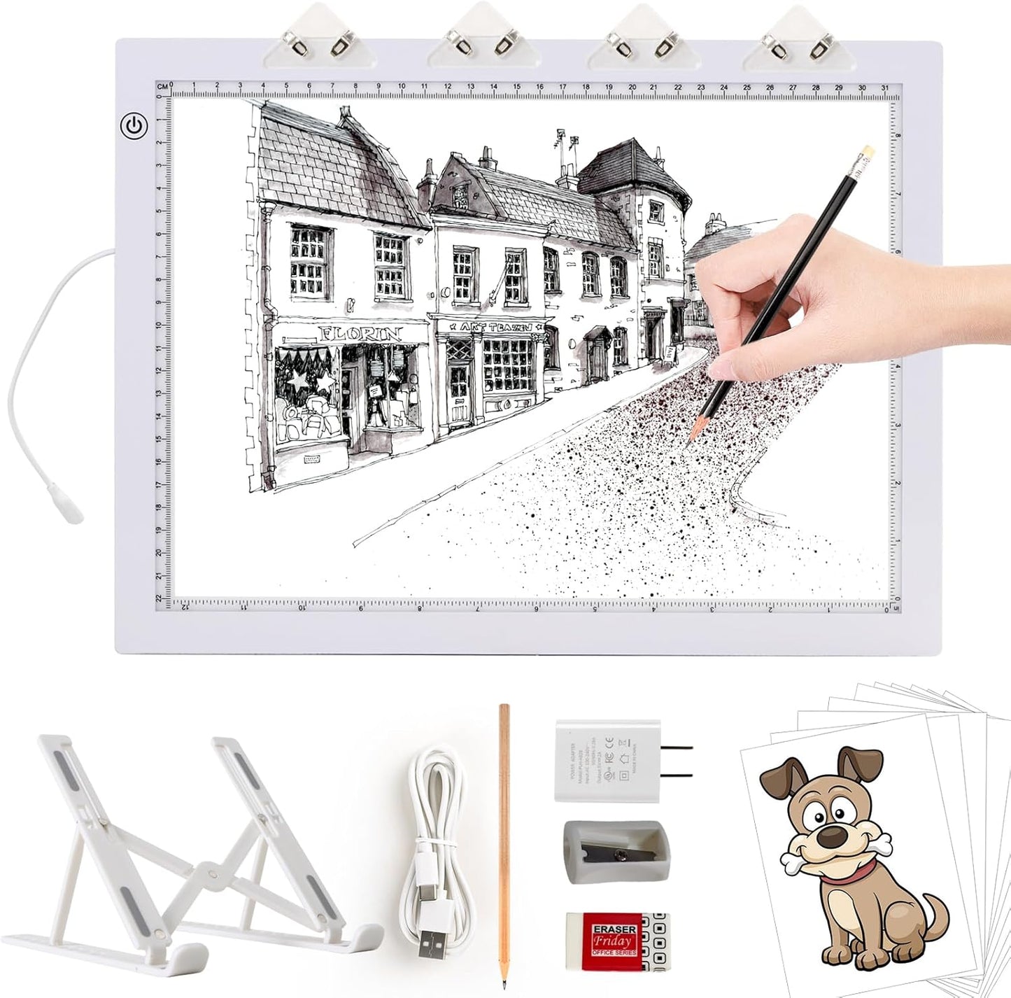 A4 Light Pad with Foldable Stand, UL Certified Adapter, 8000 Lux Super Bright Ultra Thin Pad for Cricut Weeding Vinyl, Artist Drawing Light Box/Board/Table for Tracing, Sketching - White