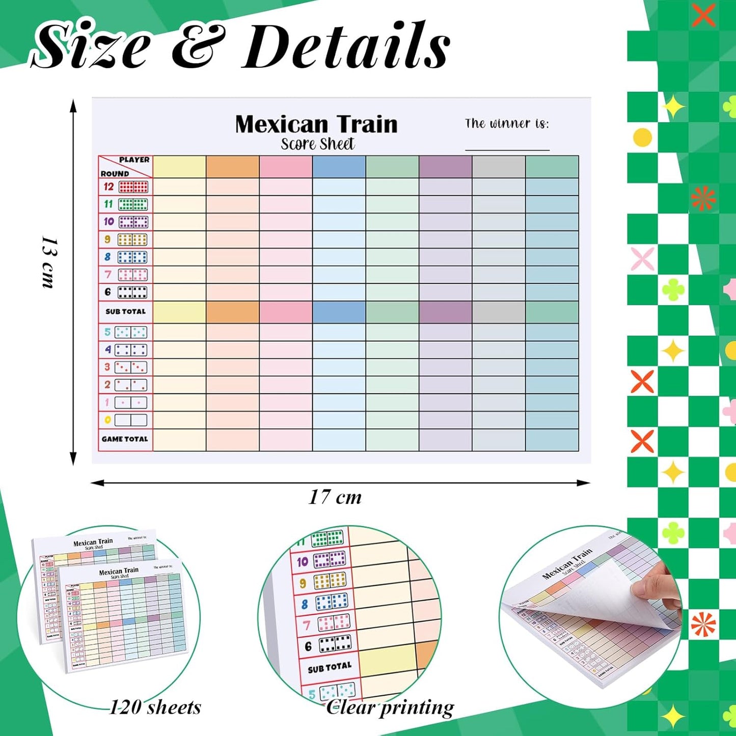 1 Pack 60 Sheets Mexican Train Score Pads Colorful Chicken Foot Dominoes Game Scorepad Adult Mexican Train Score Sheet Scoreboard Paper Record Clearly for Family Game (6.7 x 5 Inches)