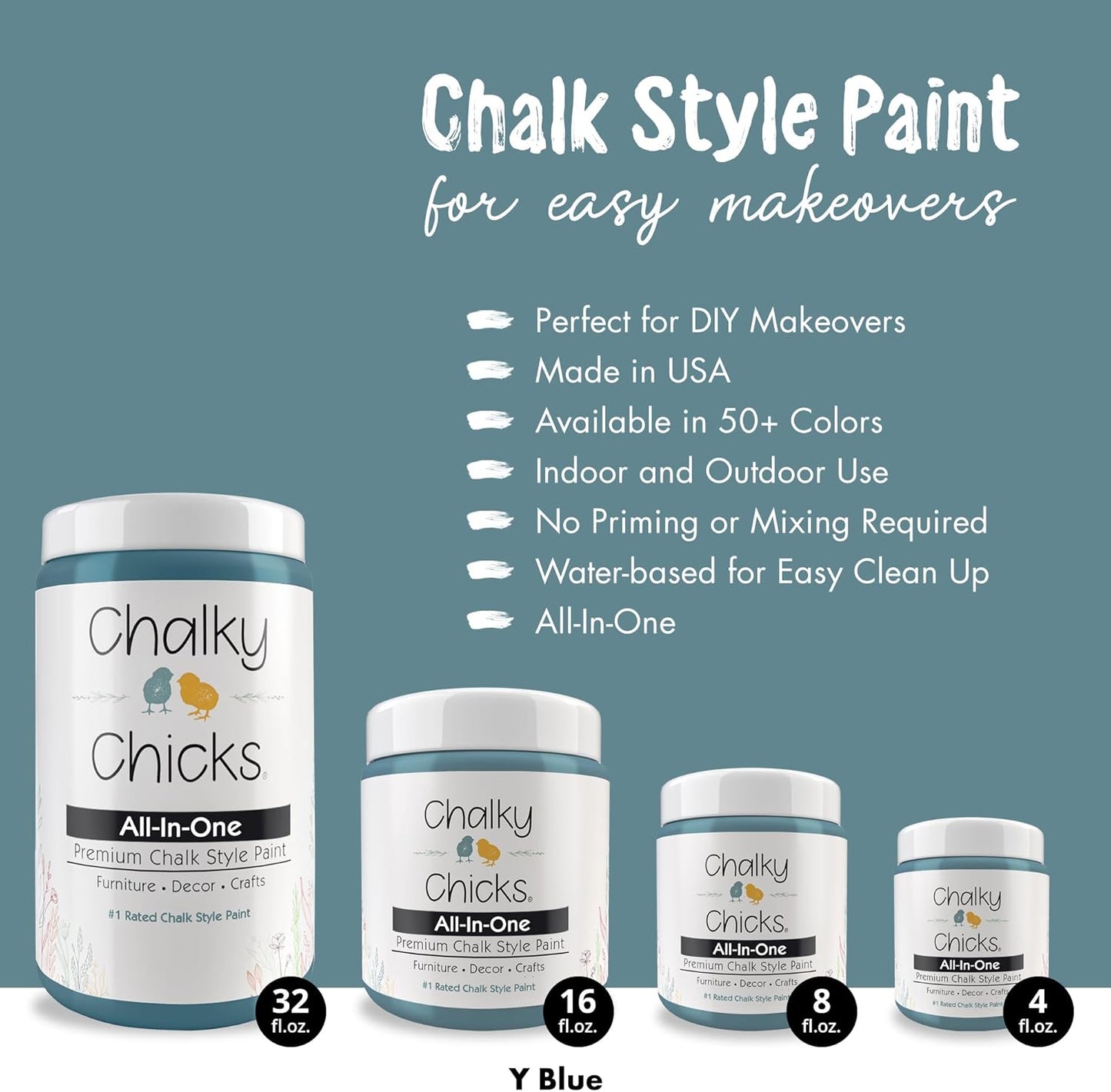 Chalky Chicks 8 Fl Oz Matte Y Blue (Blue) Chalk Paint for Furniture Without Sanding - No Prep Furniture Paint No Sanding All in One for Crafts, Wood, Walls, Cabinet, Metal, Dresser, Farmhouse
