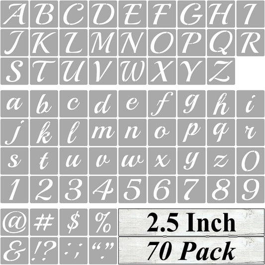 2.5 Inch Alphabet Letter Stencils for Painting - 70 Pack Letter and Number Stencil Templates with Signs for Painting on Wood, Reusable Cursive Letters Stencils for Chalkboard Wood Signs & Wall Art