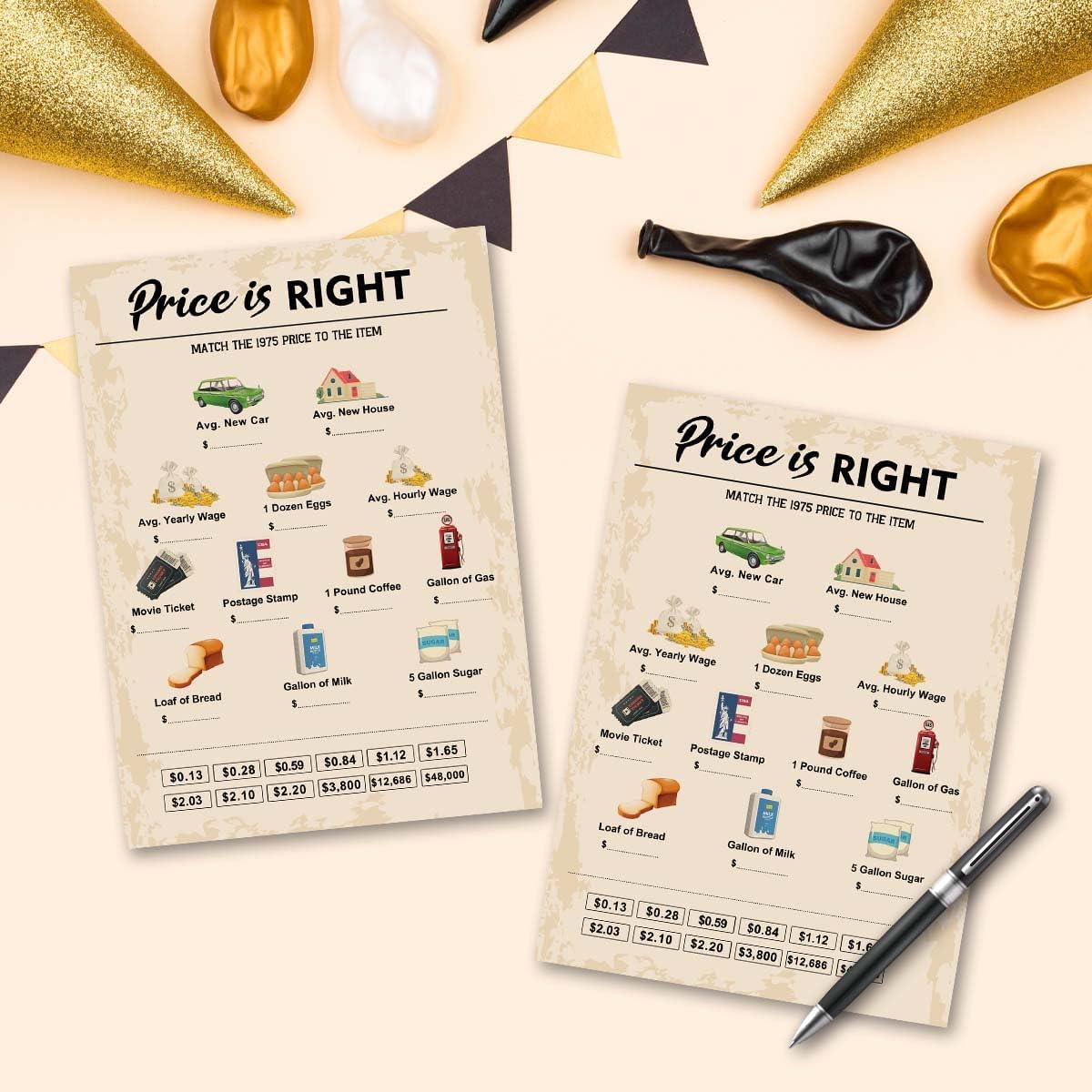 QUPT 50th Birthday Party Games, Price is Right Games, Birthday Party Supplies for Adults, Fun 1975s Party Game，Pack of 30 Cards