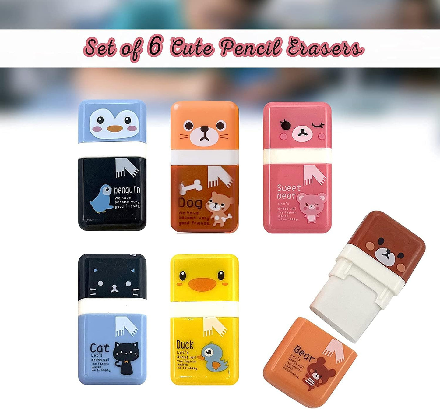 Performore 6‑Pack Animal‑Theme Cute Pencil Erasers with Cleanup Roller & Shaving Case — Fun & Functional School & Party Supplies for Kids
