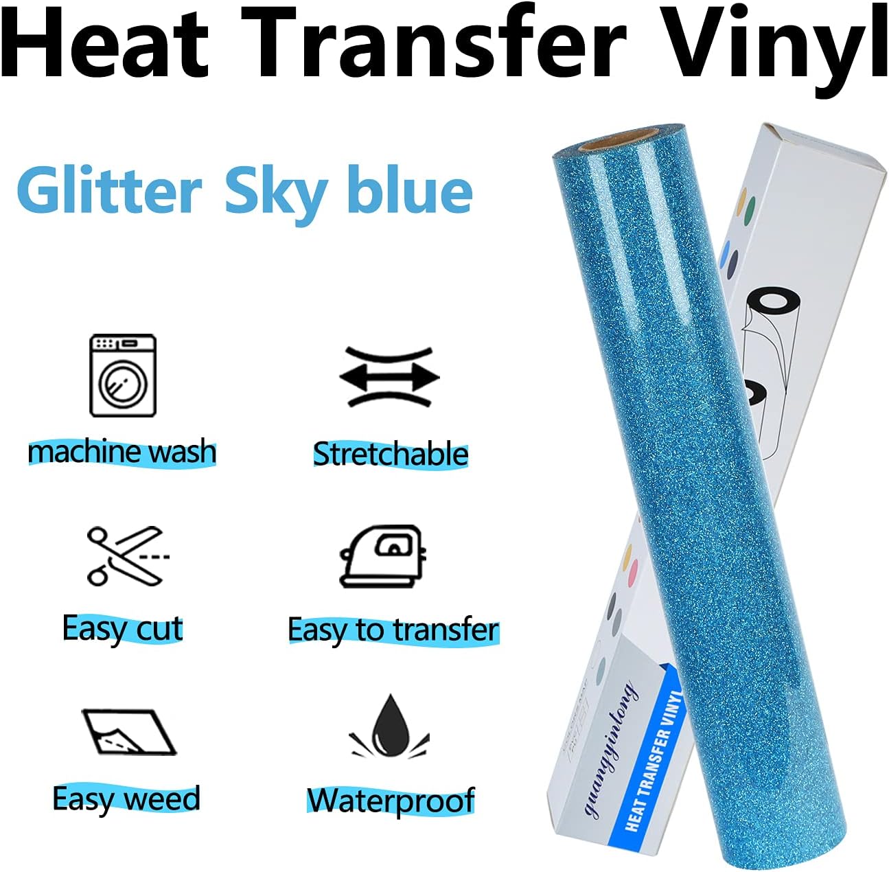 guangyintong Glitter Sky Blue Heat Transfer Vinyl HTV Rolls, 12" x 8ft Iron on Vinyl for T-Shirts Glitter Sky Blue HTV Vinyl for All Cutter Machines Easy to Cut & Weed for Heat Vinyl Design