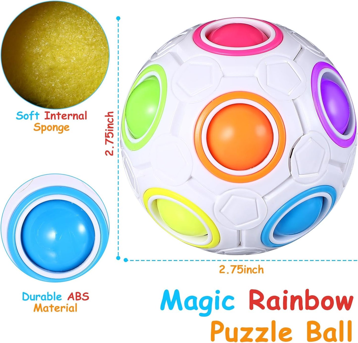 12 Pack Rainbow Puzzle Magic Ball With 2 Pcs Pouches - Fidget Toy for Boys and Girls, Speed Cube, Funny Stress Reliever for Kids, Teens and Adults (White)