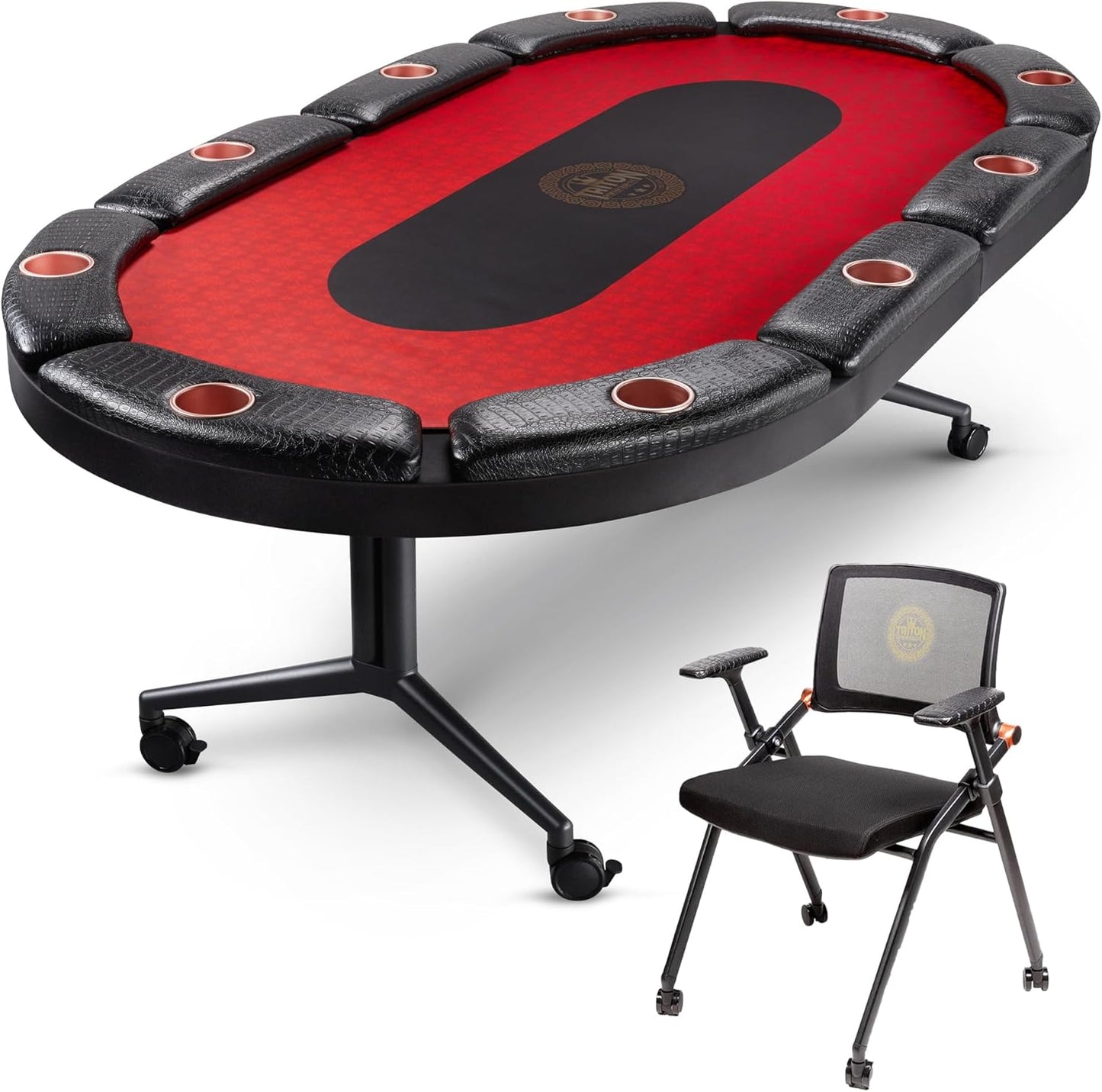 Triton Foldable Poker Table with 10 Chairs - Premium Soft-Padded Armrest, Individual Cup Holders, Portable Mat- Crafted with Durable Materials, Long-Lasting Poker Table for 10 Players