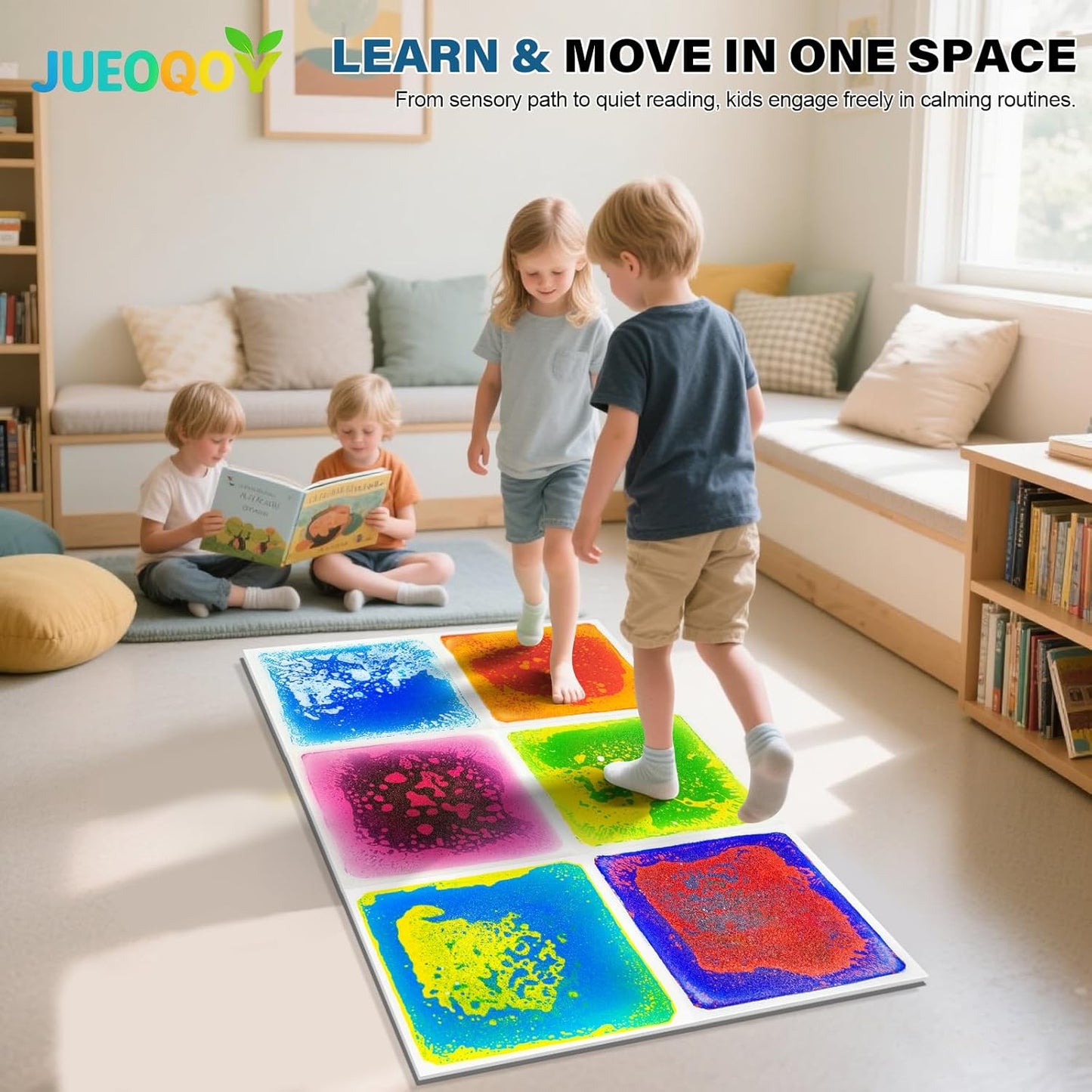 Liquid Sensory Floor Tiles for Kids Ages 3+, 12" Step-On Tiles with Non-Slip Base, Interactive Color-Flow, Assorted Colors, Classroom Sensory Path Set (6-Pack)
