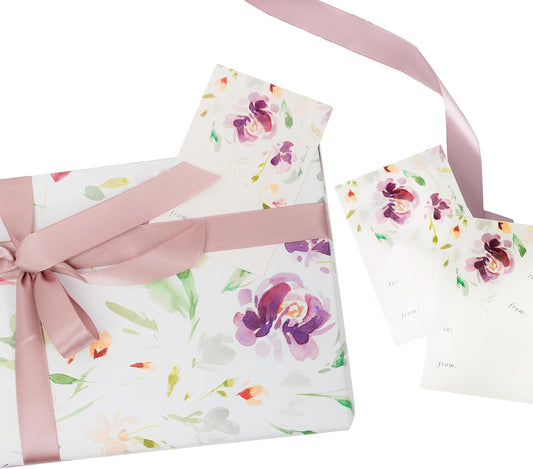 Itsy Belle Studio Floral Wedding Wrapping Paper + Ribbon Set with Tags - White gift wrap, fall Flower flat Sheets, Boho Bridal Shower Wrap