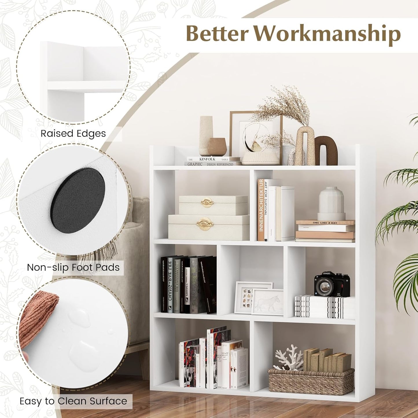 Giantex 7 Cube Bookshelf, Free-Standing Wooden Bookcase, 4 Tier Home Display Shelf, Horizontal Storage Unit w/Anti-Toppling Devices, Open-Back Display Rack for Study, Bedroom, Living Room, White