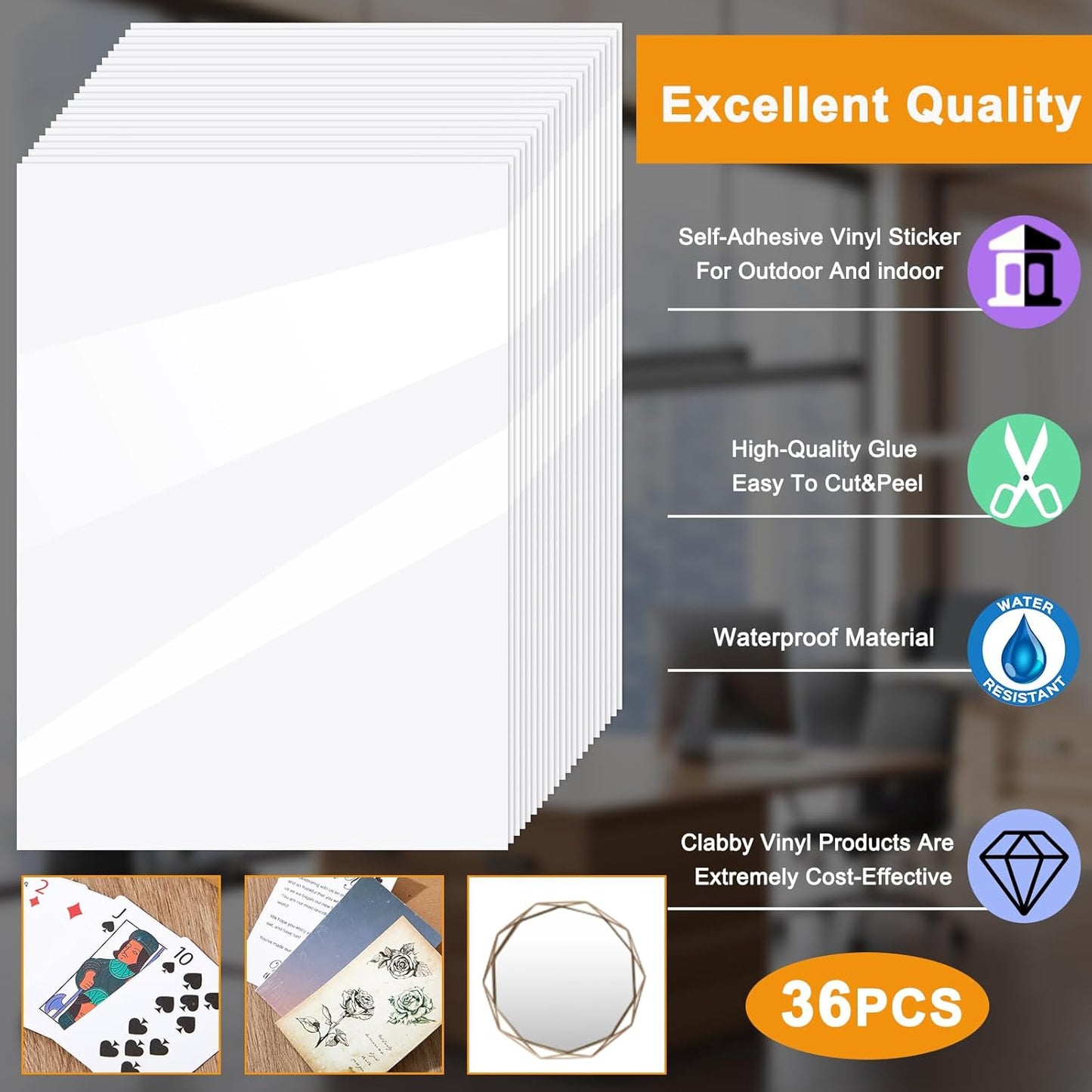 Clabby 36 Sheets Holographic Sticker Paper A4 Vinyl Sticker Paper Self Adhesive Waterproof Transparent Film, 11.7 x 8.3 inches(Clear)